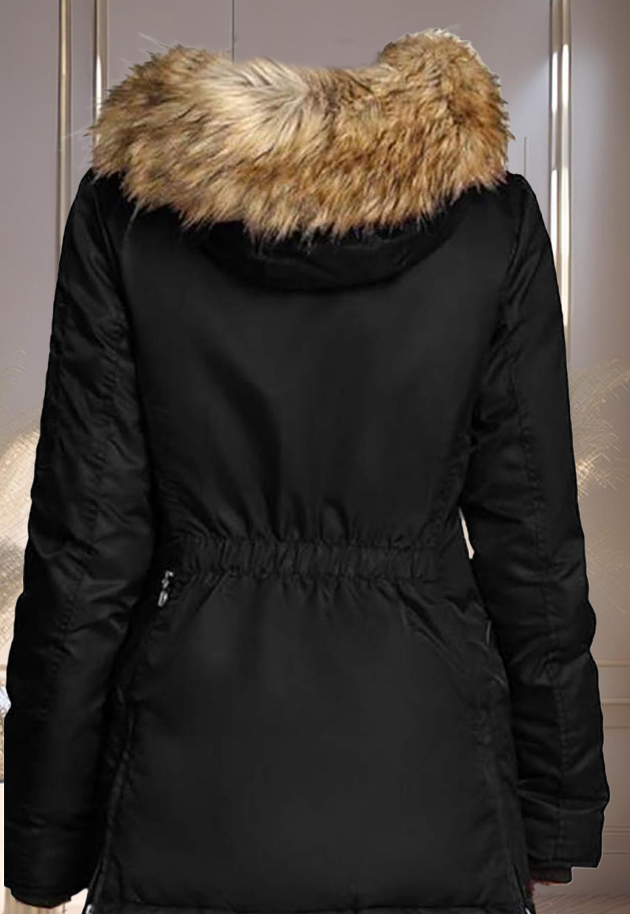 "Luxe Parka" - Women's Winter Jacket with Faux Fur Hood and Spliced Panels - Fabric, Fashion Comfort Womenswear