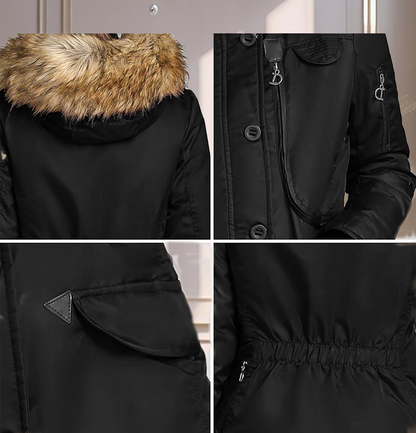 "Luxe Parka" - Women's Winter Jacket with Faux Fur Hood and Spliced Panels - Fabric, Fashion Comfort Womenswear