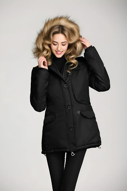 "Luxe Parka" - Women's Winter Jacket with Faux Fur Hood and Spliced Panels - Fabric, Fashion Comfort Womenswear