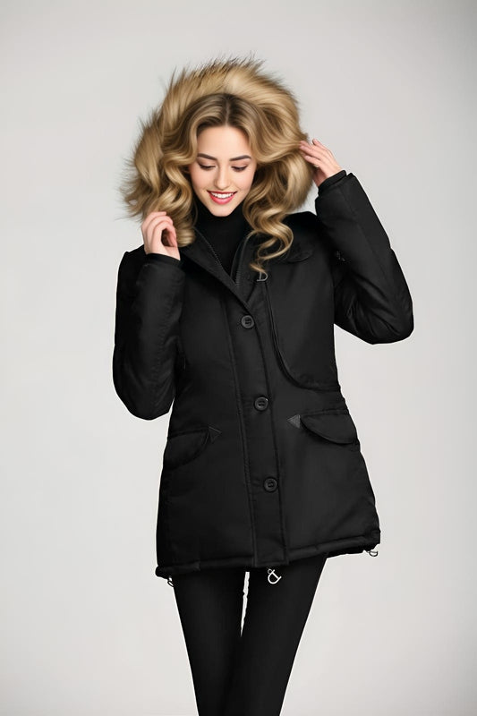 "Luxe Parka" - Women's Winter Jacket with Faux Fur Hood and Spliced Panels - Fabric, Fashion Comfort Womenswear