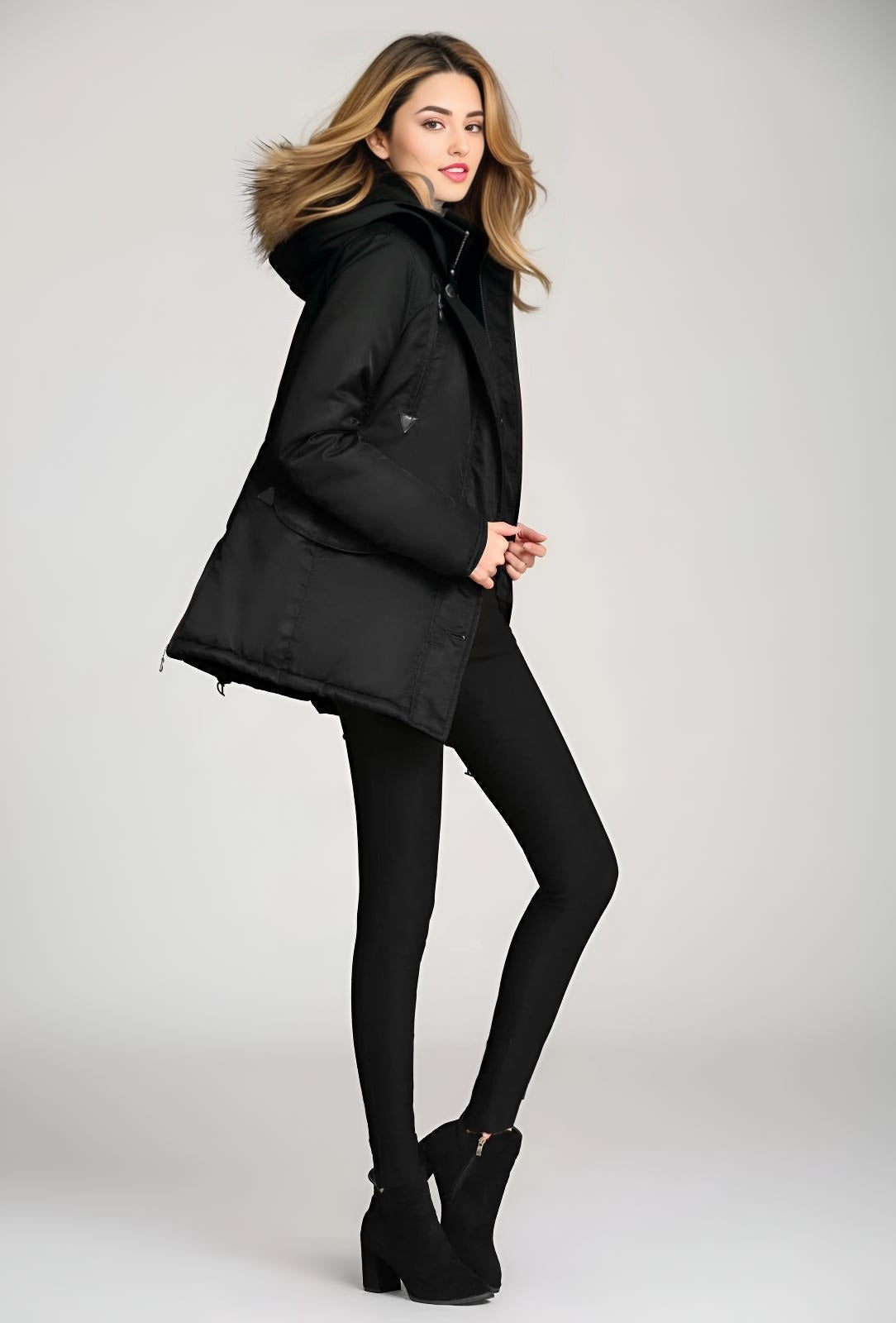 "Luxe Parka" - Women's Winter Jacket with Faux Fur Hood and Spliced Panels - Fabric, Fashion Comfort Womenswear