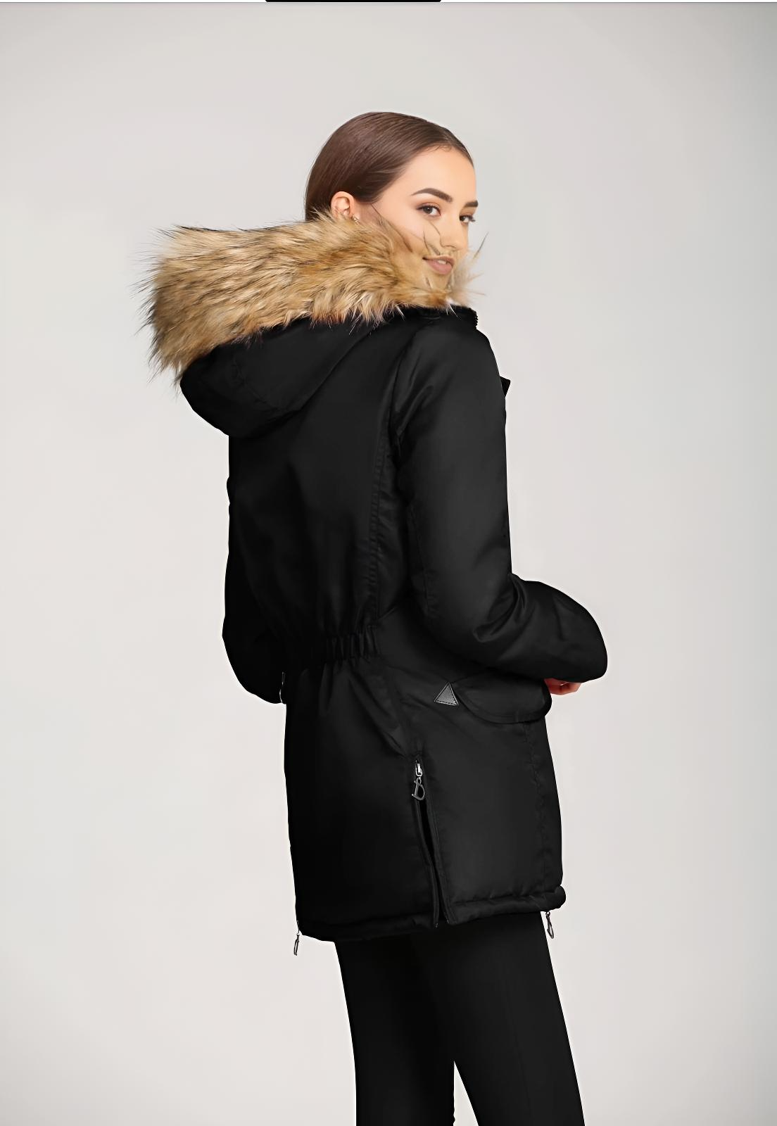 "Luxe Parka" - Women's Winter Jacket with Faux Fur Hood and Spliced Panels - Fabric, Fashion Comfort Womenswear